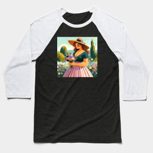 Beautiful woman in a dress holding flowers in nature landscape art Baseball T-Shirt